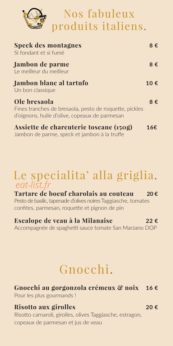 Carte et menu de Mademoiselle Boris à Castelnau le Lez — Les fabuleux produits italiens, spécialités et gnocchi