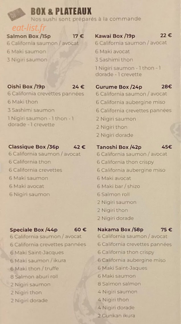 Carte et menu de Namazu Sushi à Castelnau le Lez — Les boxs et plateaux