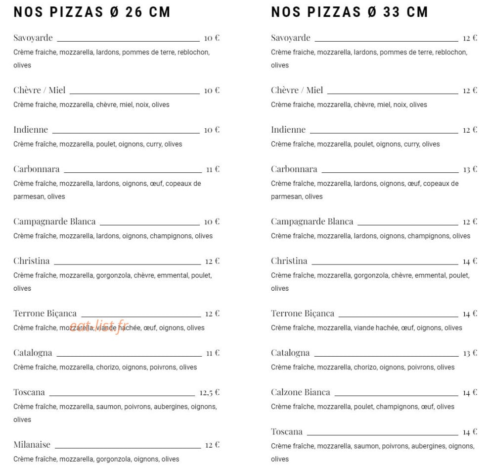 Carte et menu de Pizzeria à l'Italienne à Castelnau le Lez — Les pizzas blanches