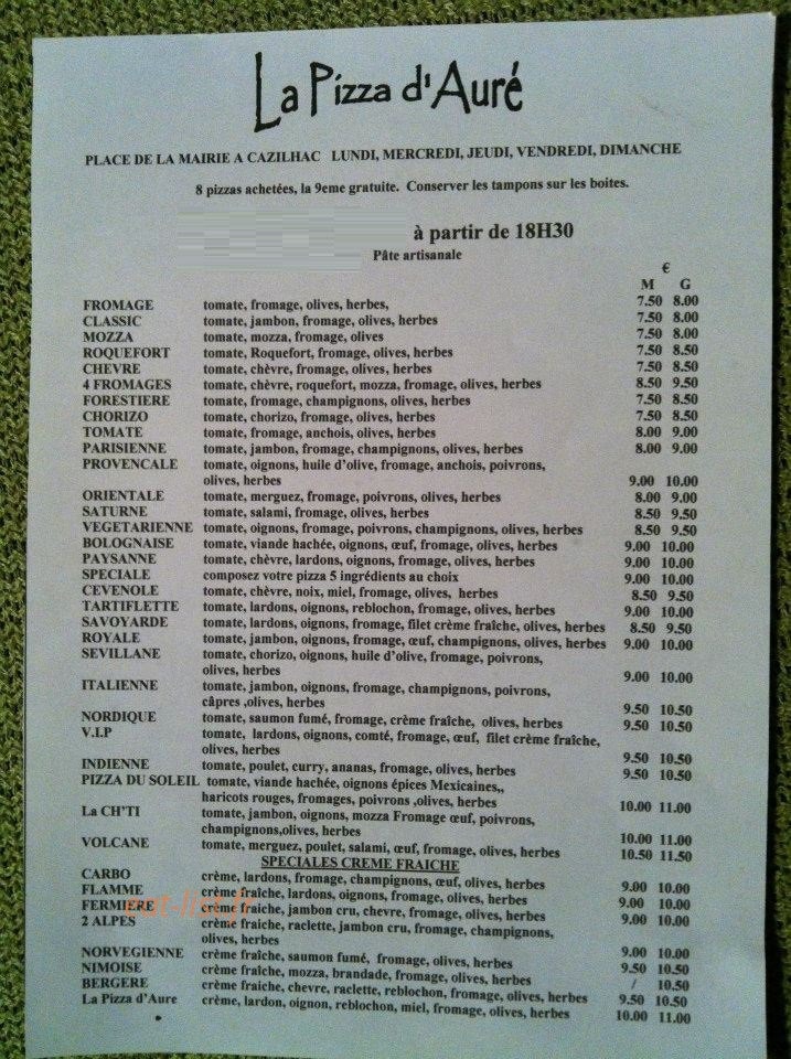 La Pizza d'Auré — carte page 1