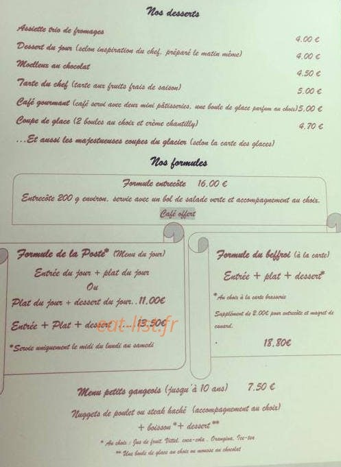 Bar brasserie de la Poste — carte page 1