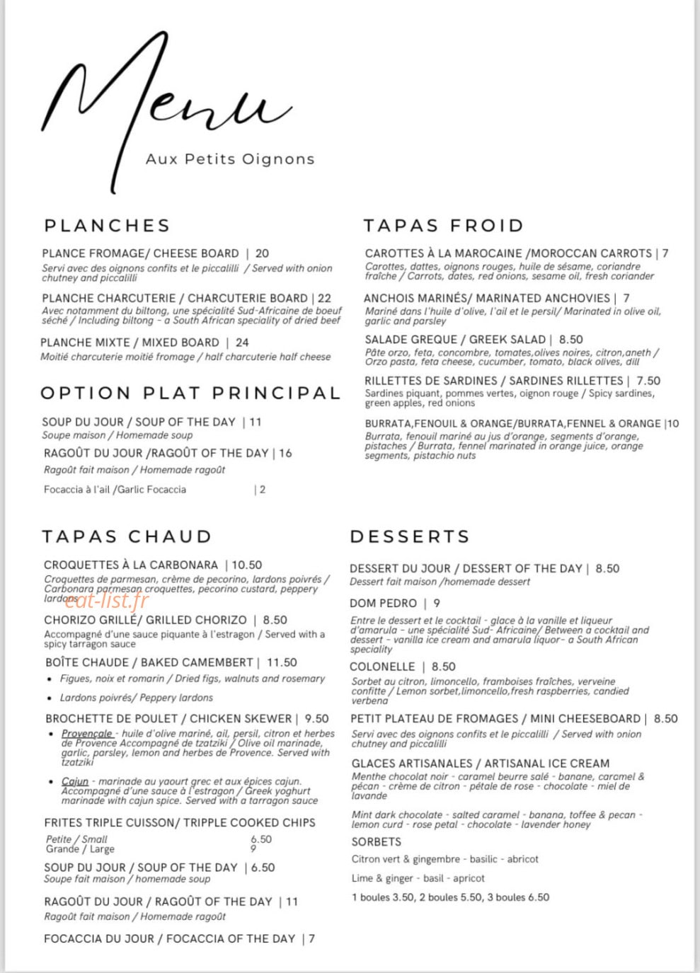 Aux Petits Oignons — carte page 1