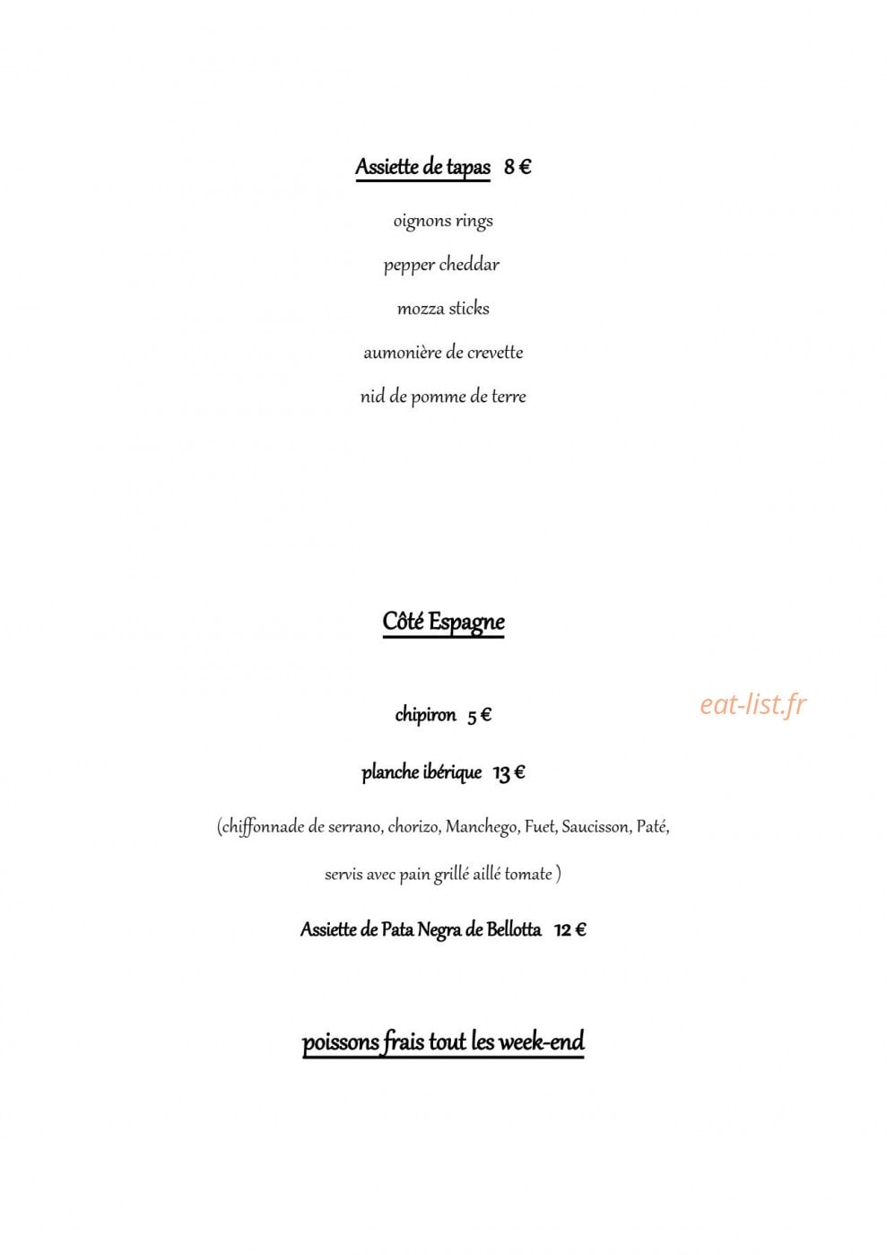Carte et menu de Le rouge et noir à Paulhan — Assiettes, coté espagnes