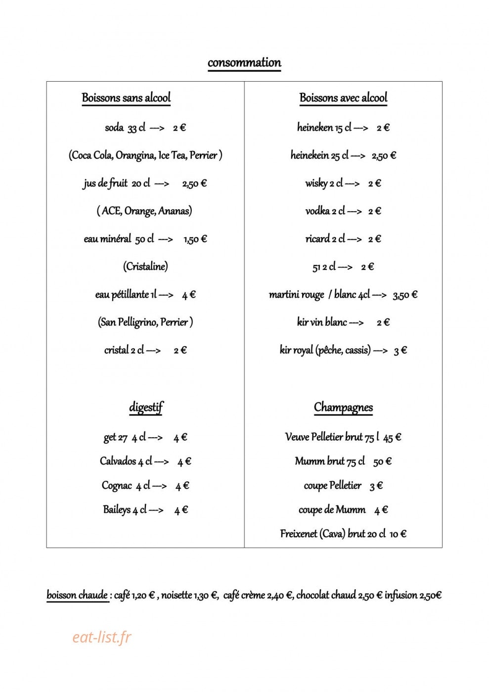 Carte et menu de Le rouge et noir à Paulhan — Boissons