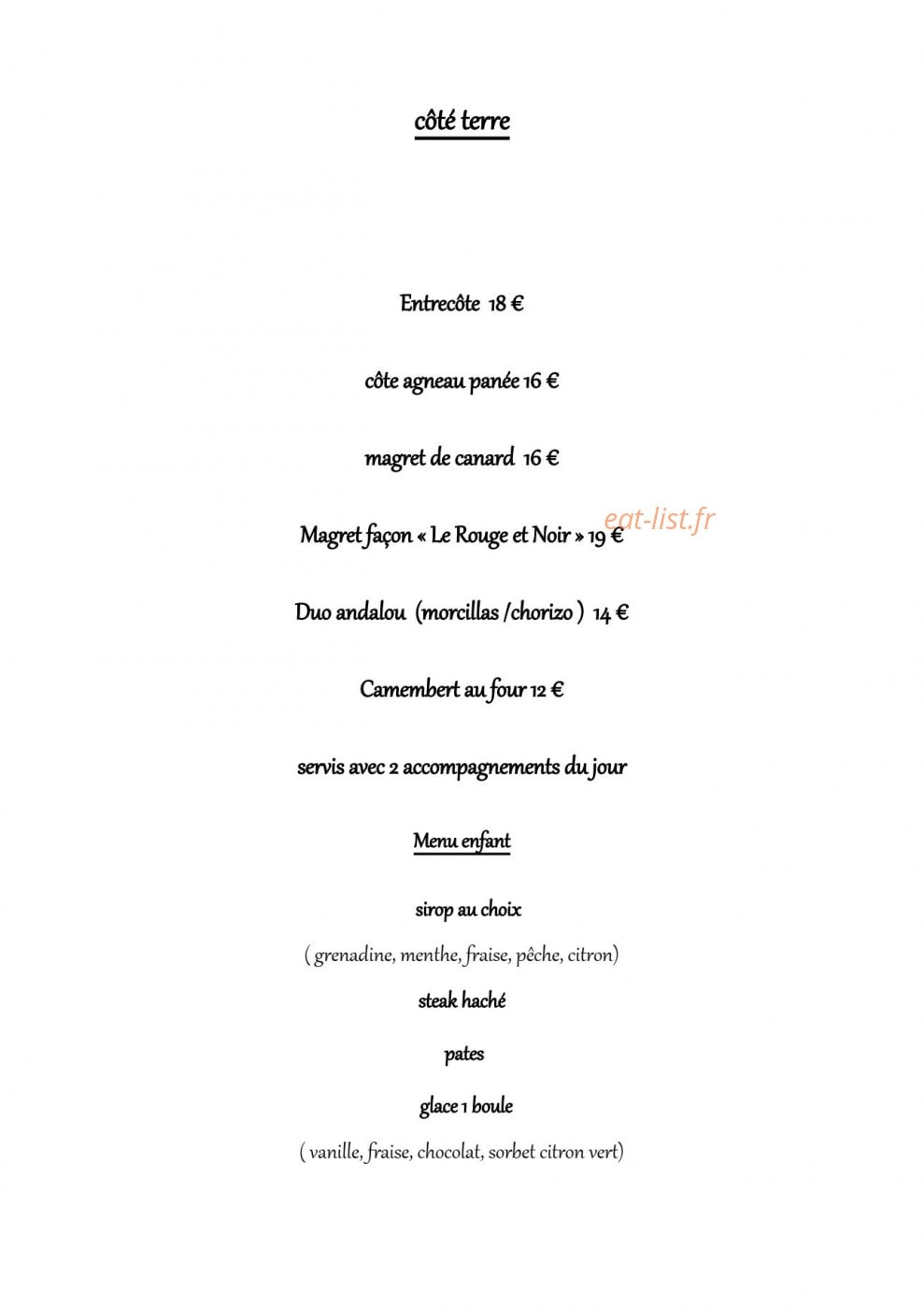 Carte et menu de Le rouge et noir à Paulhan — Coté terre, menu enfant