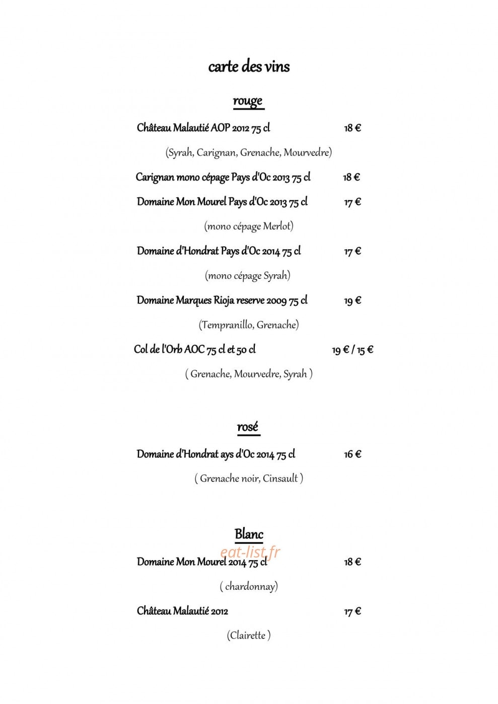 Carte et menu de Le rouge et noir à Paulhan — Vins