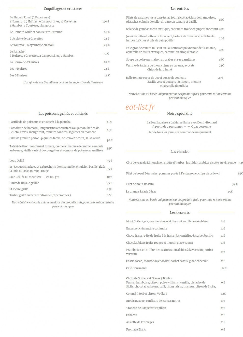 Carte et menu de L'Artimon à Palavas les Flots — Les entrées, les coquillages et crustacés