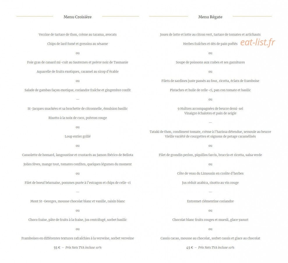 Carte et menu de L'Artimon à Palavas les Flots — Le menu Croisière et menu Régate