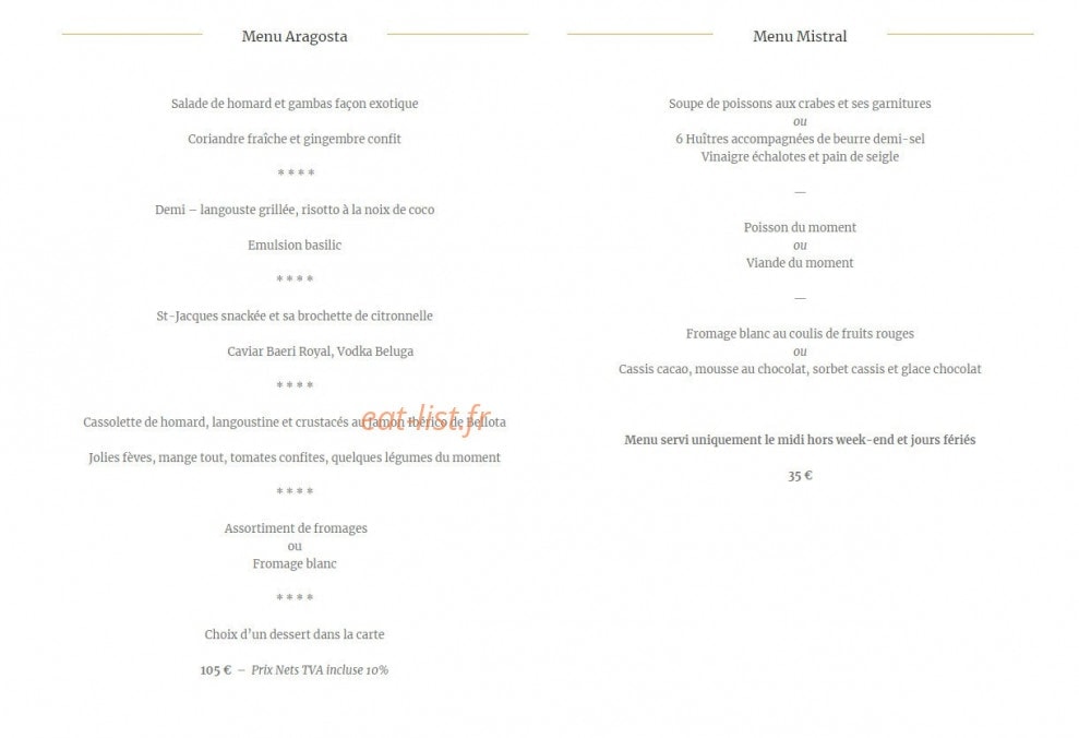 Carte et menu de L'Artimon à Palavas les Flots — Le menu Aragosta et le menu MIstral