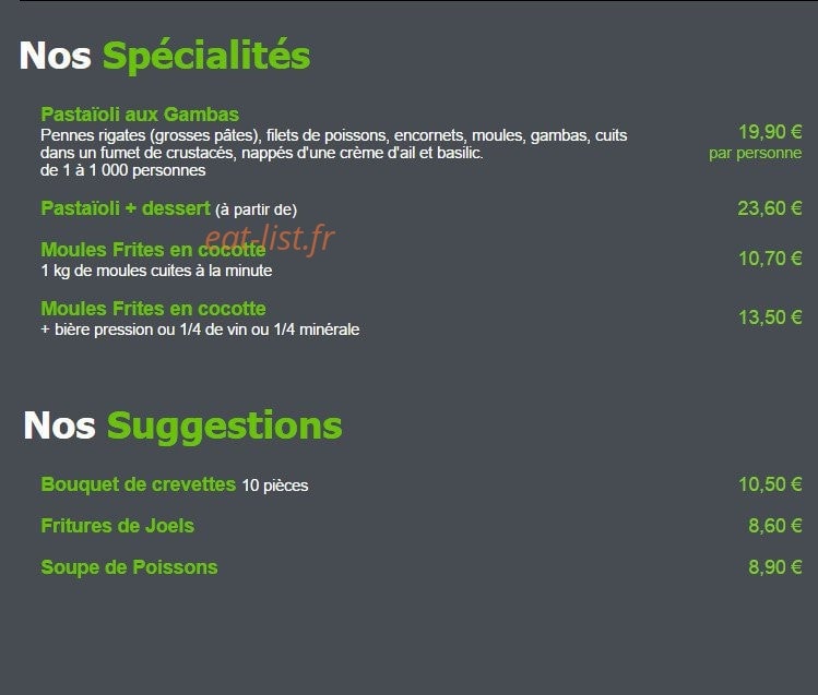 Carte et menu de L'Escargot de Mer à Palavas les Flots — Les spécialités et les suggestions