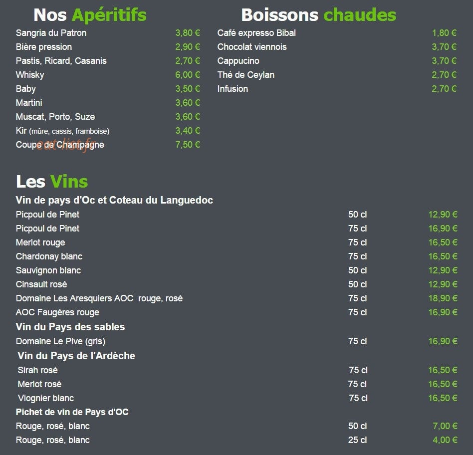 Carte et menu de L'Escargot de Mer à Palavas les Flots — Les boissons