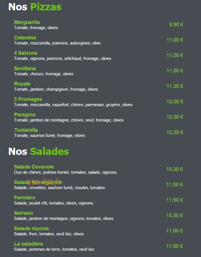 Carte et menu de L'Escargot de Mer à Palavas les Flots — Les pizzas et les salades