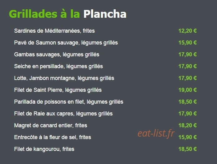 Carte et menu de L'Escargot de Mer à Palavas les Flots — Les grillades à la plancha