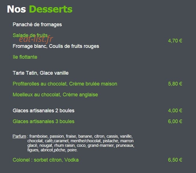 Carte et menu de L'Escargot de Mer à Palavas les Flots — Les desserts