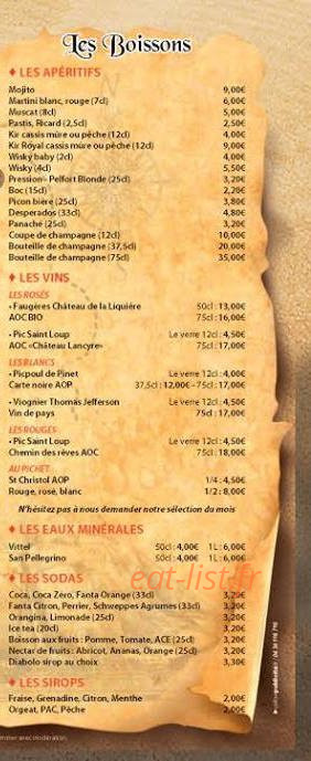 Carte et menu de Le Corsaire à Palavas les Flots — Les boissons et vins
