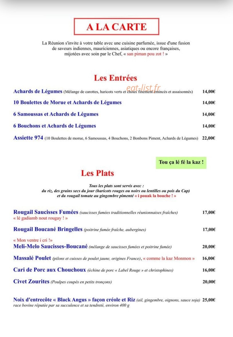 Restaurant Le 974 — carte page 1