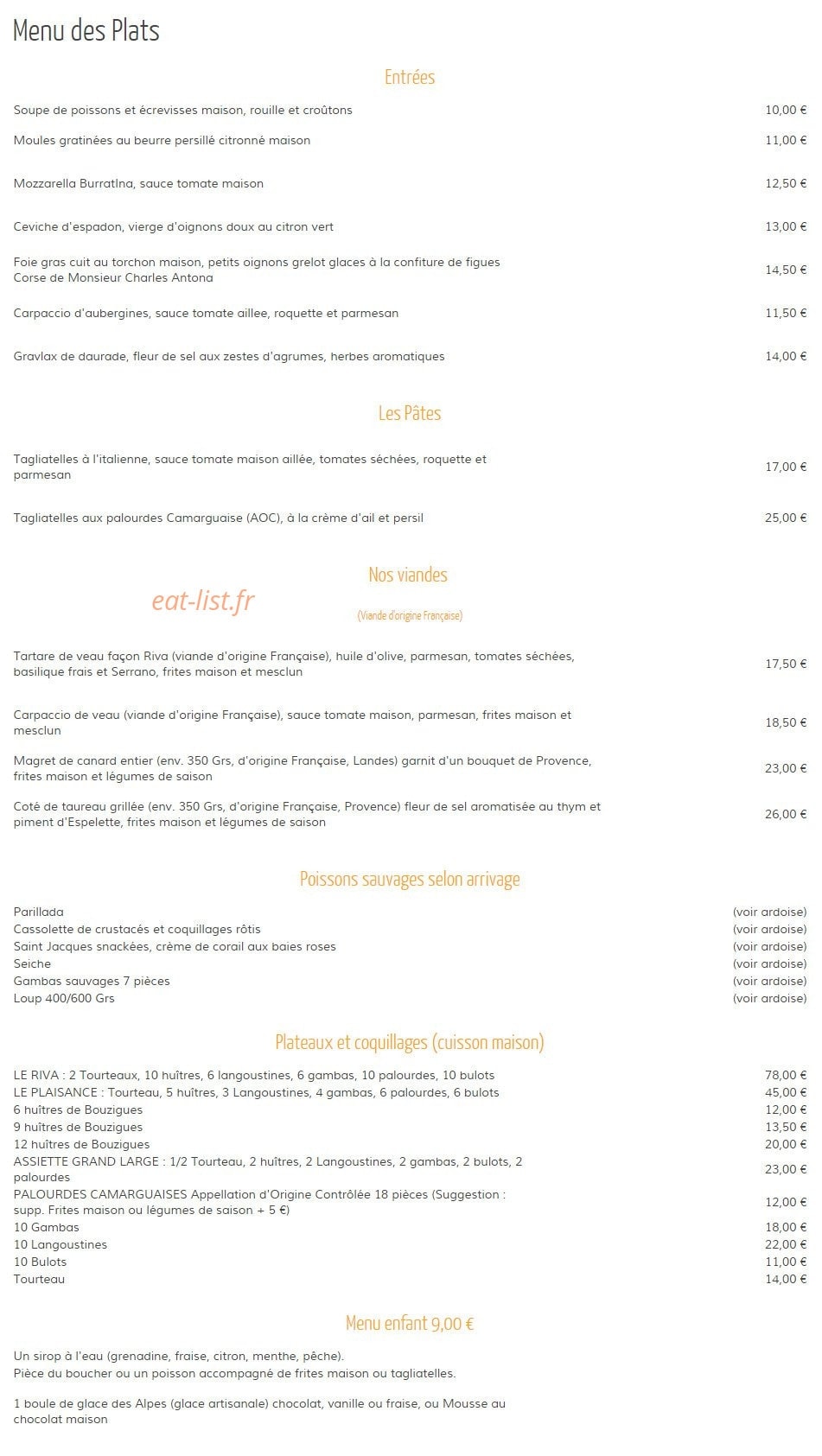 Carte et menu de Riva à Palavas les Flots — Plats