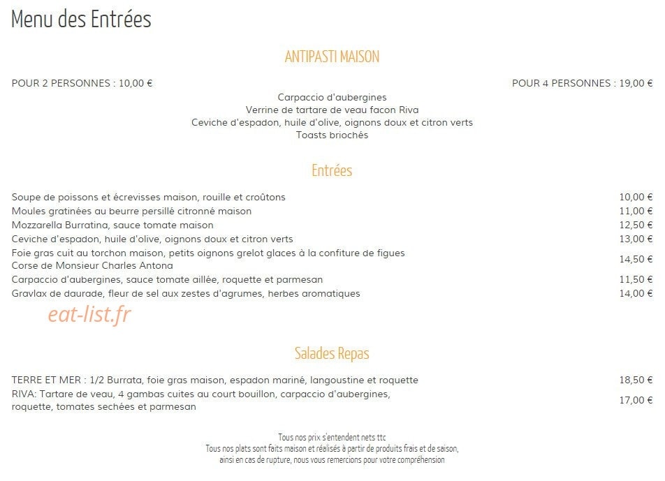 Carte et menu de Riva à Palavas les Flots — Entrées