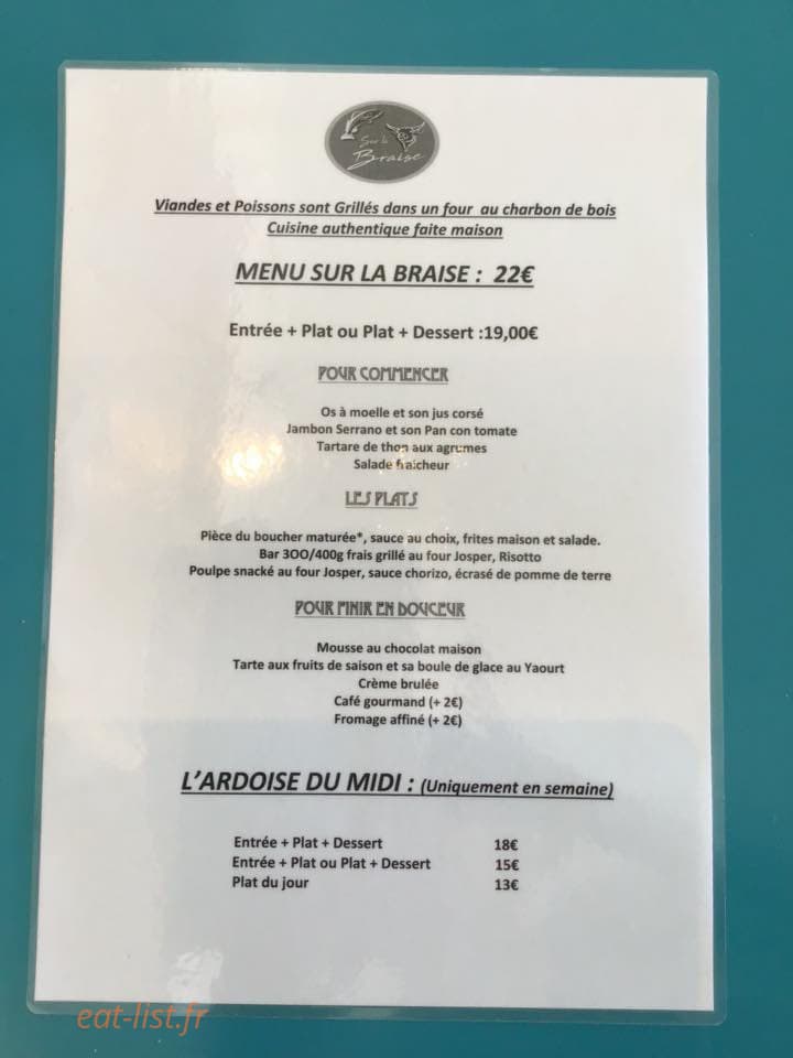 Carte et menu de Sur La Braise à Palavas les Flots — Menu sur la braise et ardoise du midi