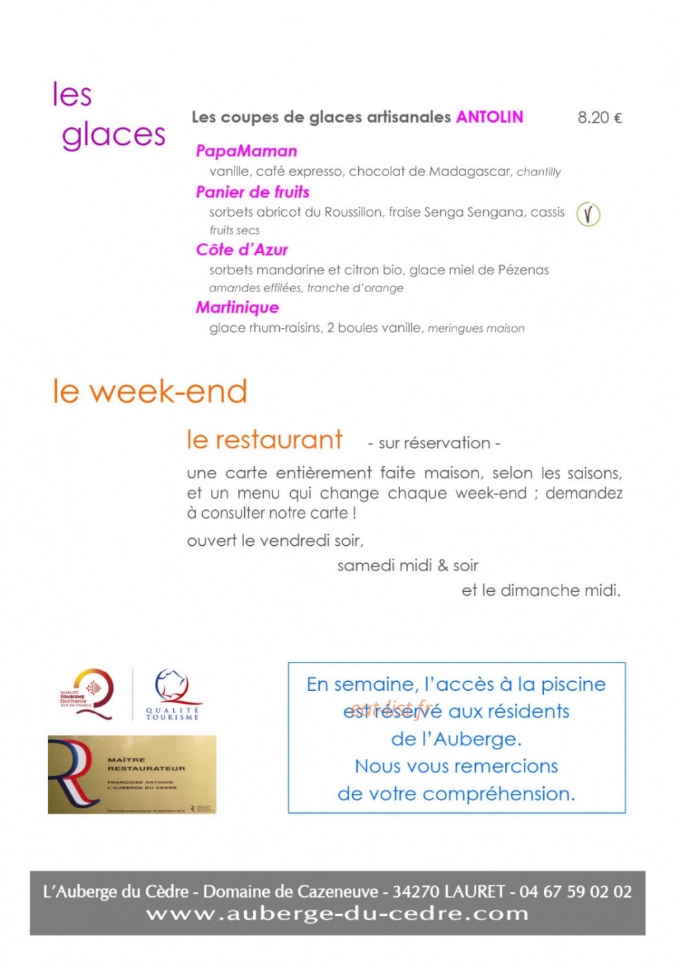 L'Auberge du Cèdre — carte page 20