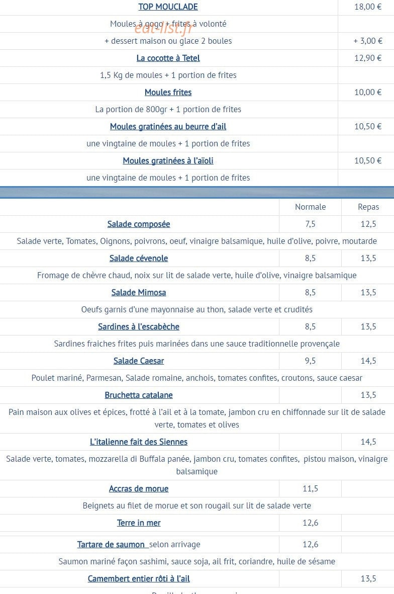 Carte et menu de Chez Tetel à La Grande Motte — Les moules, les salades ...