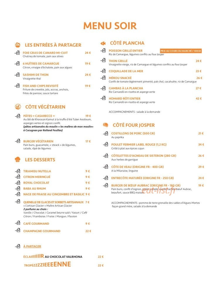 Carte et menu de Effet Mer à La Grande Motte — Le menu du soir