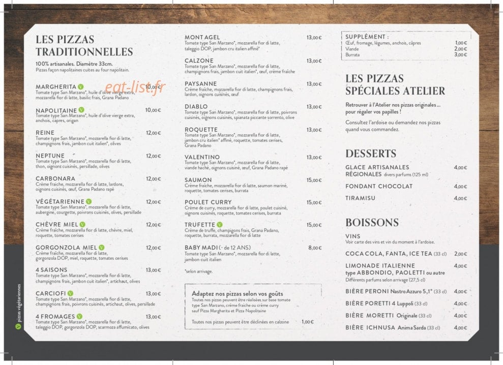L'Atelier de la Pizza — carte page 1