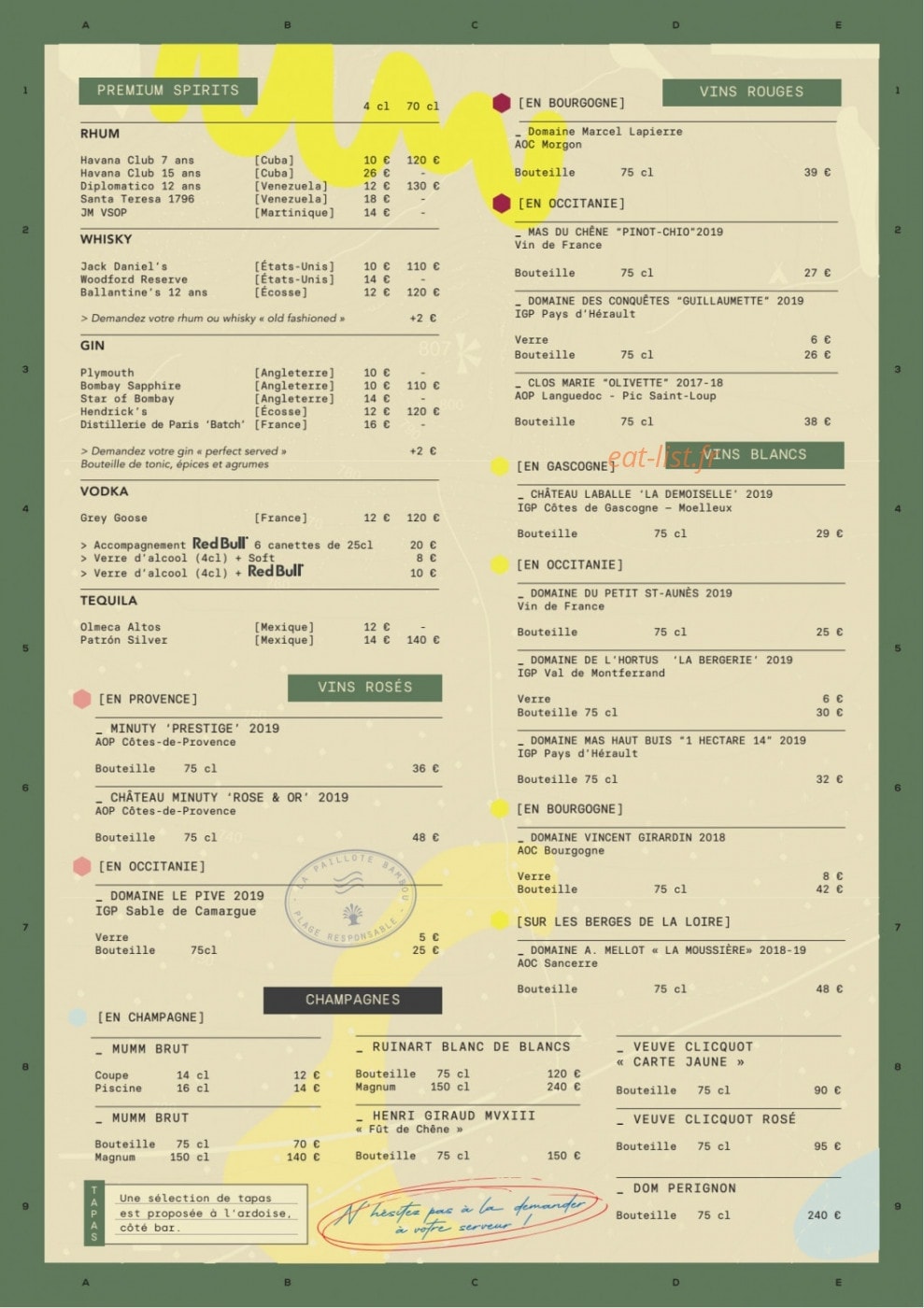 Carte et menu de La Paillote Bambou à La Grande Motte — Les menu spiritifs, vins ..........