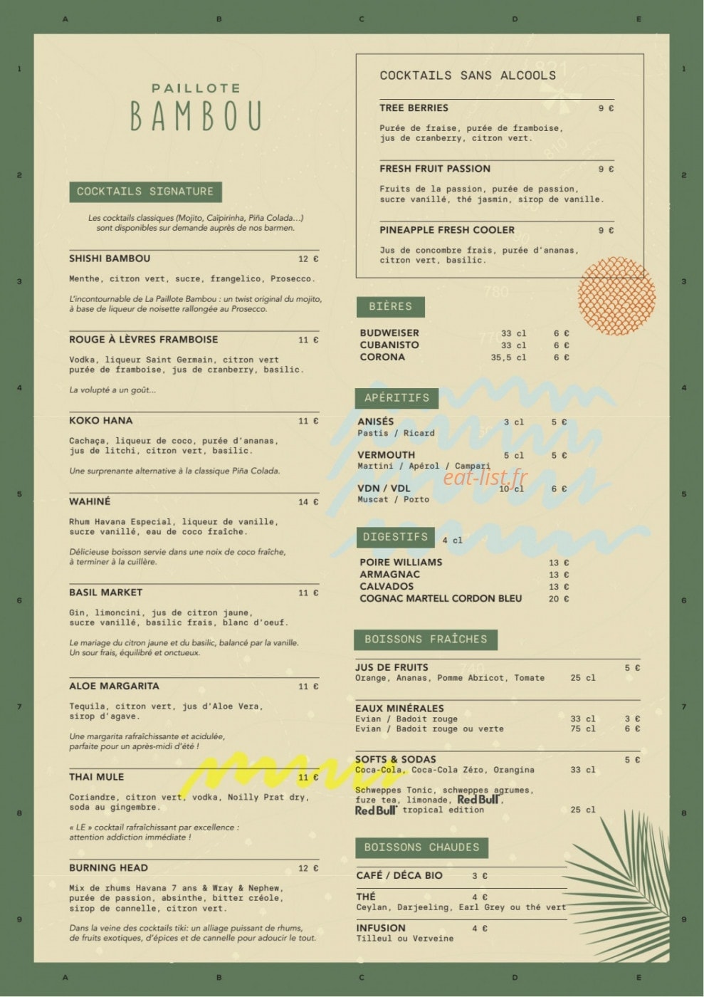 Carte et menu de La Paillote Bambou à La Grande Motte — Les cocktails, bières