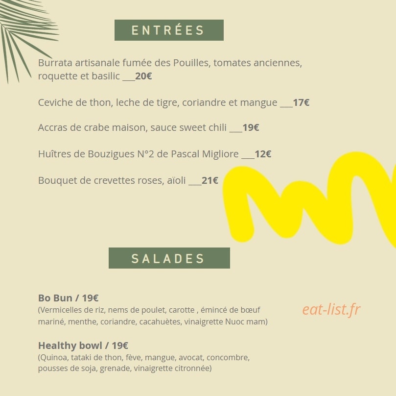 Carte et menu de La Paillote Bambou à La Grande Motte — Les entrées et salades