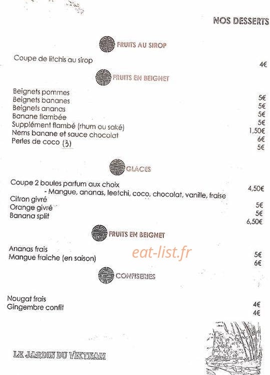 Carte et menu de Restaurant Le Jardin du Vietnam à La Grande Motte — Les desserts