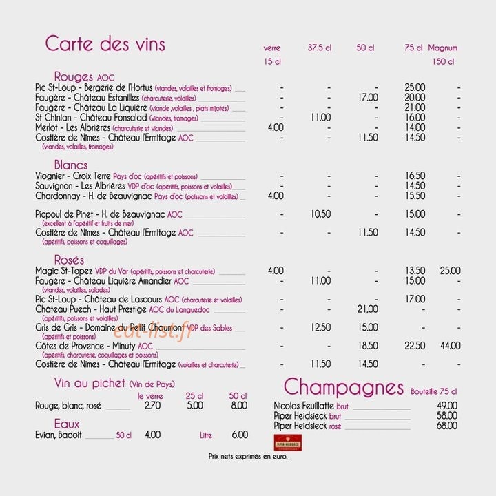 Carte et menu de Savana Beach à La Grande Motte — Les vins