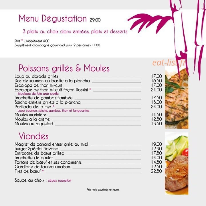 Carte et menu de Savana Beach à La Grande Motte — Les poissons, les viandes ...