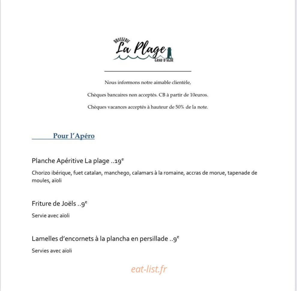 Brasserie La Plage — carte page 1