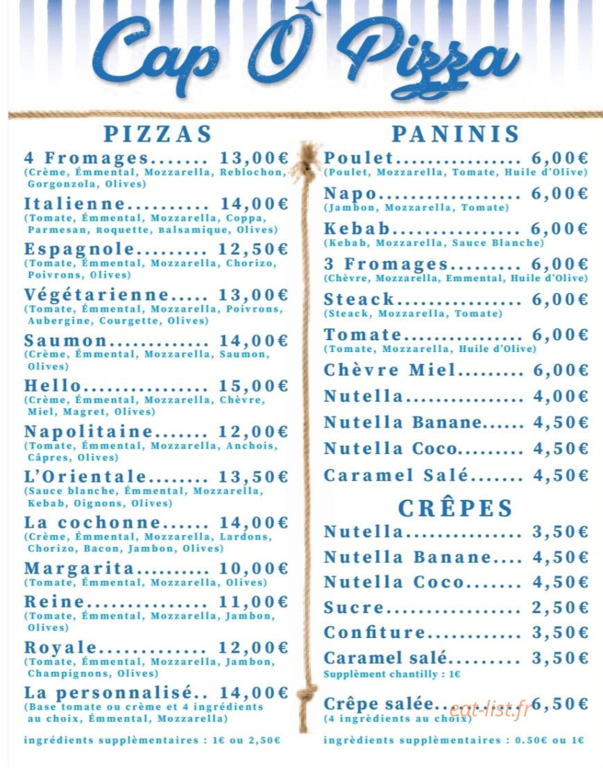 Cap O Pizza — carte page 1