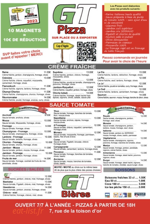 GT Pizza — carte page 1
