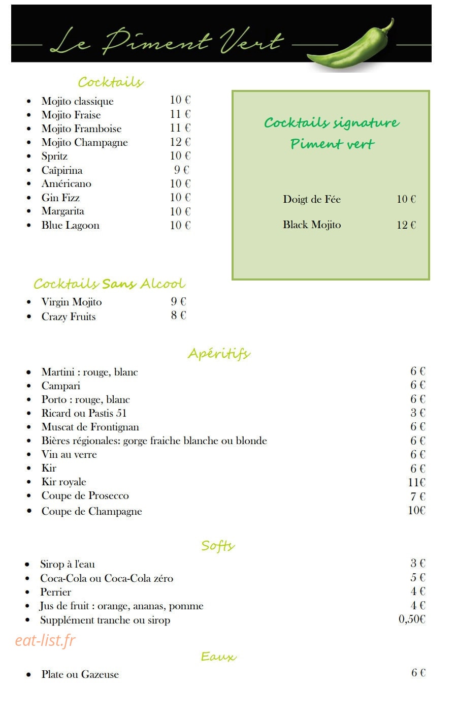 Le Piment Vert — carte page 10