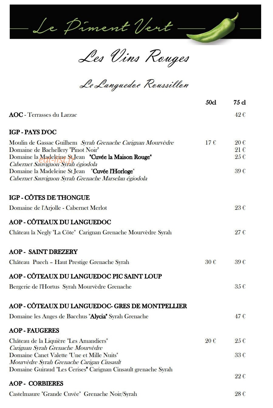Le Piment Vert — carte page 14