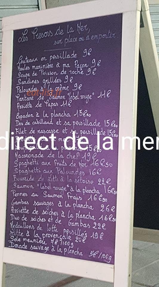 Carte et menu de Les Trésors de la Mer à Agde — Exemple de menu