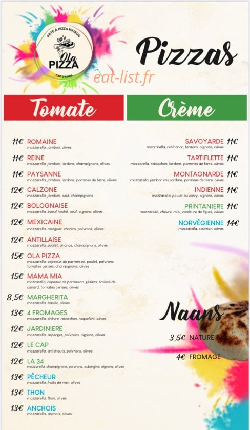Ola Pizza — carte page 1