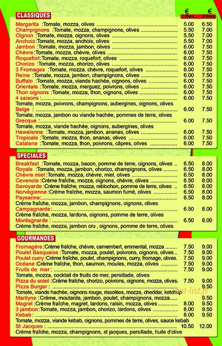 Pizza du Soleil — carte page 2