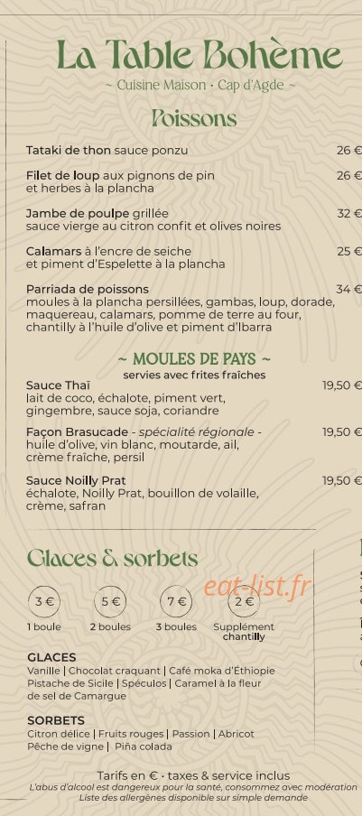 La Table Bohème — carte page 2