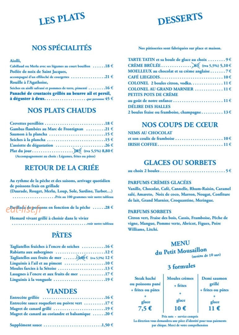Carte et menu de Les Halles aux Poissons à Le Cap d'Agde — Les spécialités, les plats chauds,....