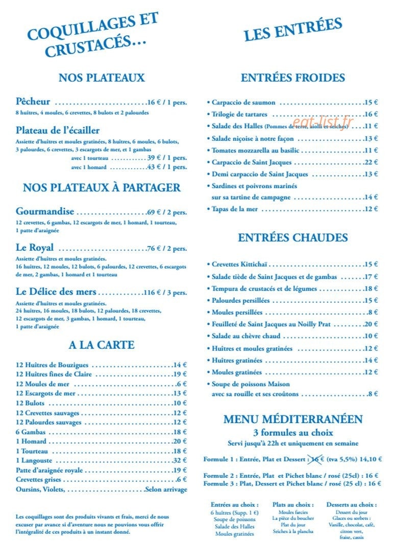 Carte et menu de Les Halles aux Poissons à Le Cap d'Agde — Les plateaux, les plateaux à partager,....