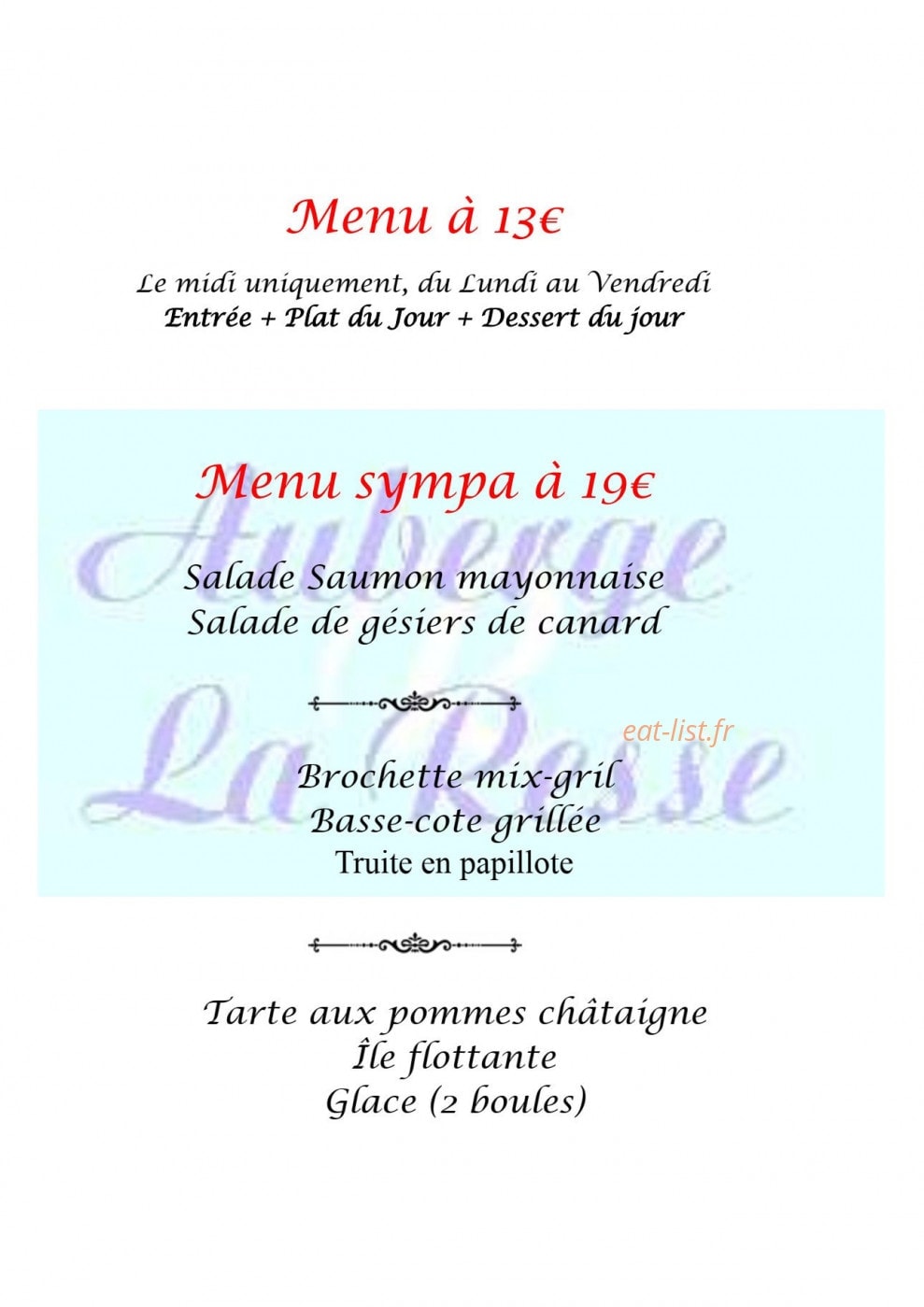 Carte et menu de Auberge La Resse à La Salvetat sur Agout — menus