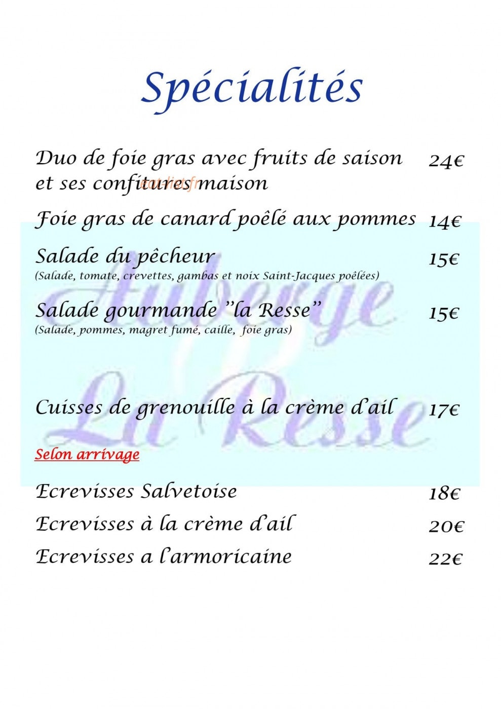 Carte et menu de Auberge La Resse à La Salvetat sur Agout — spécialités