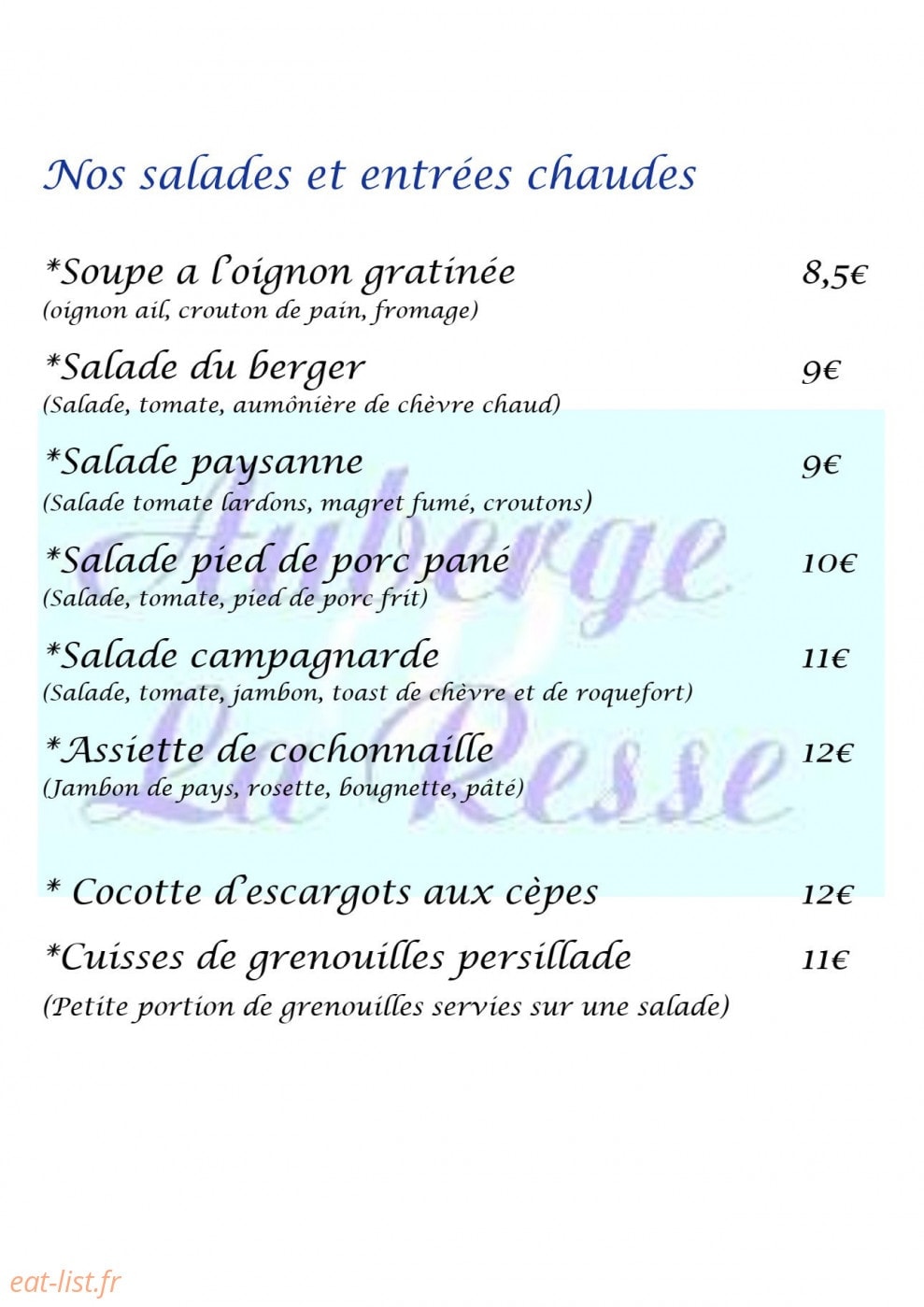 Carte et menu de Auberge La Resse à La Salvetat sur Agout — salades, entrées chaudes