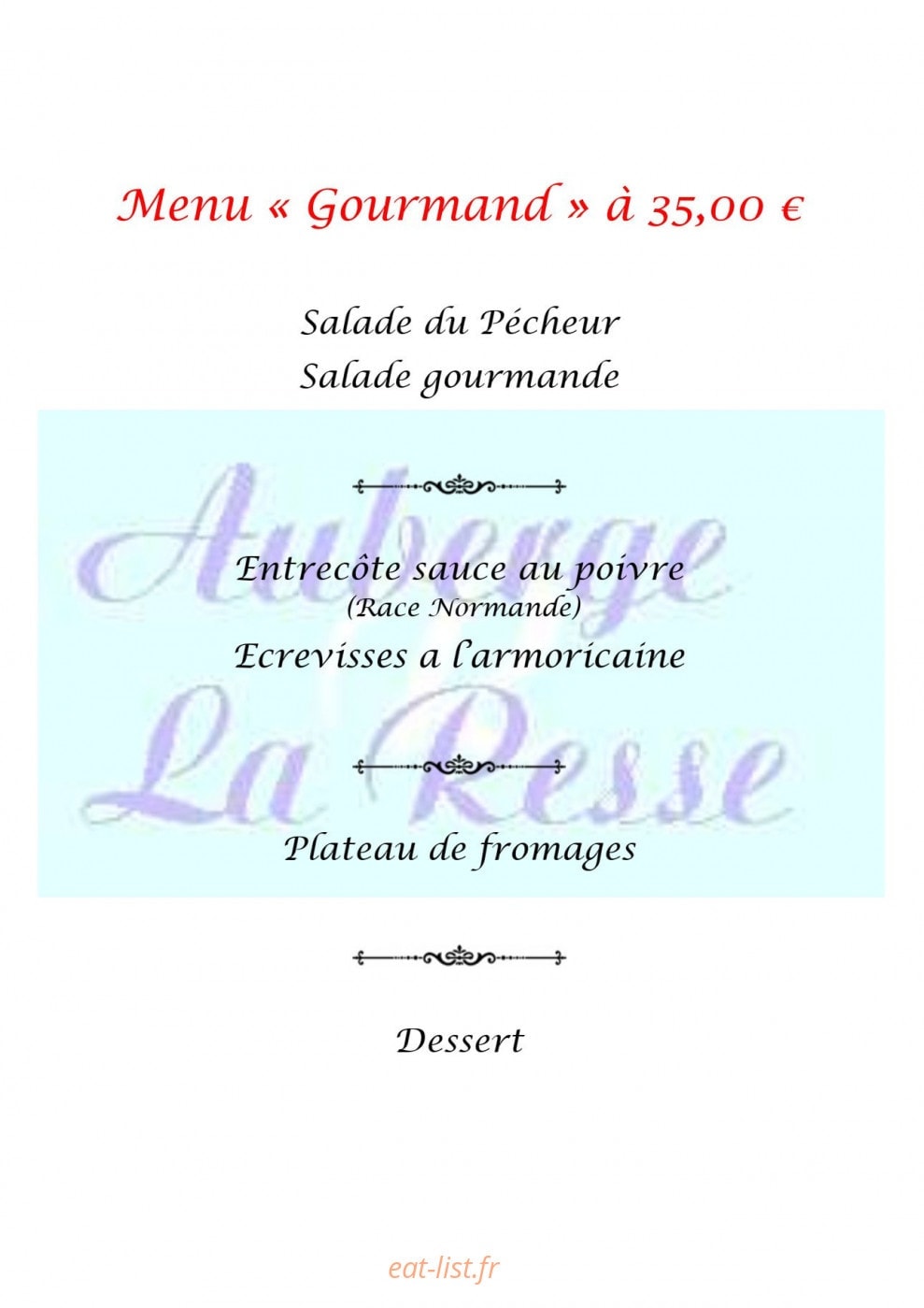 Carte et menu de Auberge La Resse à La Salvetat sur Agout — menu gourmand