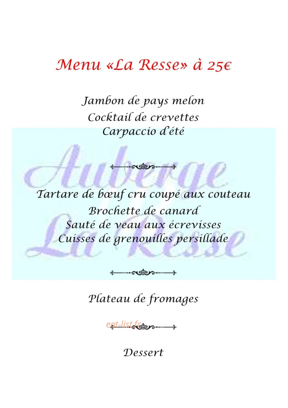 Carte et menu de Auberge La Resse à La Salvetat sur Agout — menu la resse