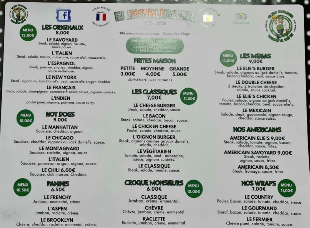 Elie's burger — carte page 1